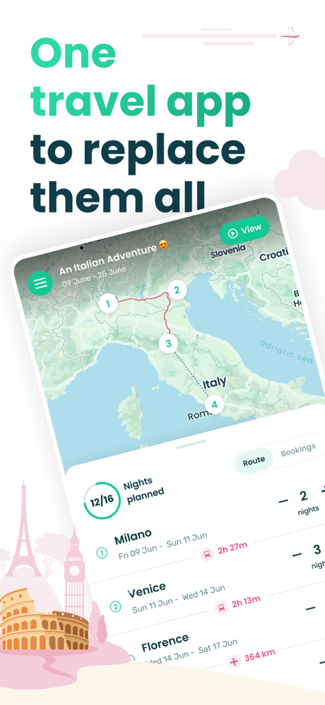 Oberfläche der Stippl Reiseplaner-App, die eine Mehrtagesreise-Route auf einer Karte von Italien mit geplanten Nächten und Reisezeiten anzeigt.