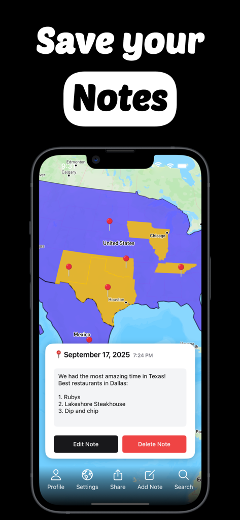 GlobeMarker: 3d Travel Map - マップにピン留めされた旅行ノートとレストランの推奨事項を示すGlobeMarkerアプリインターフェース