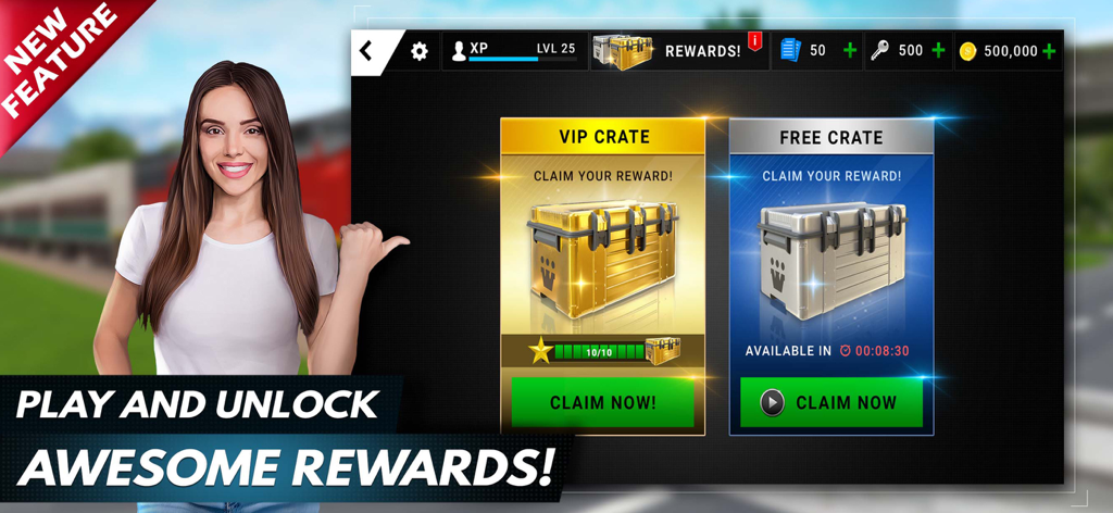 Driving Academy 2: 3D Car Game - Pantalla de Academia de Conducción 2 mostrando recompensas de caja VIP dorada y caja gratuita plateada