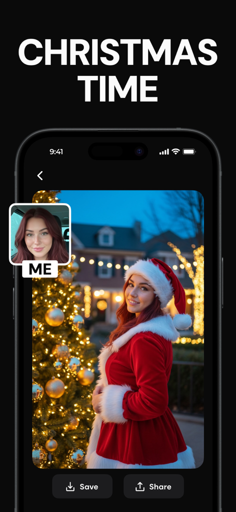 Retrato de Natal gerado por IA de uma mulher vestida de Mamãe Noel ao lado de uma árvore decorada usando o Version AI