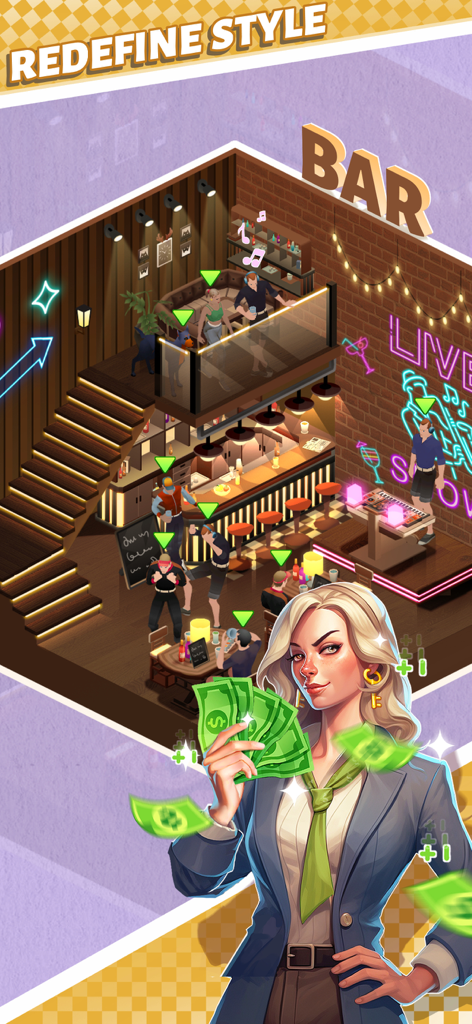 A female character holding stacks of cash in front of a stylish multi level bar in Idle Landlord Sim