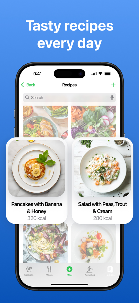 AI Calorie Counter, Tracker - Una interfaz de aplicación móvil que muestra una colección de recetas saludables con recuentos de calorías, como panqueques y ensaladas