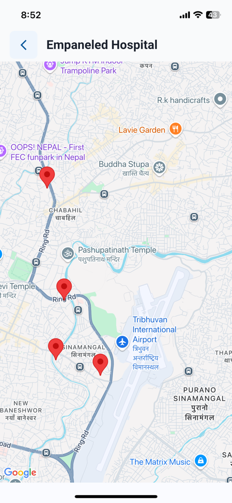 SSF - Nepal - Map showing locations of empaneled hospitals in Kathmandu within the SSF Nepal app