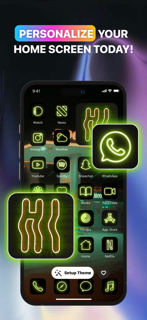 Themes Widgets & Icons by Vega - Schermata Home dell'iPhone con tema verde neon, icone app personalizzate e widget
