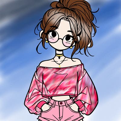 girl with a messy ponytail glasses a baggy crop top and jean shorts