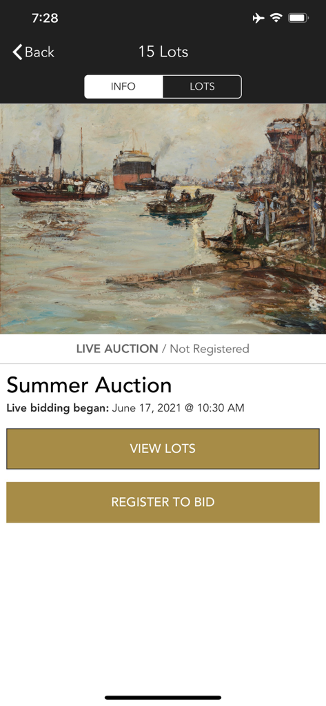 International Art Centre - International Art Centre app screen showing the Summer Auction details and bidding registration options.