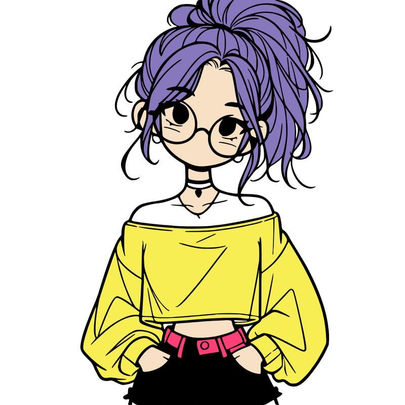 girl with a messy ponytail glasses a baggy crop top and jean shorts