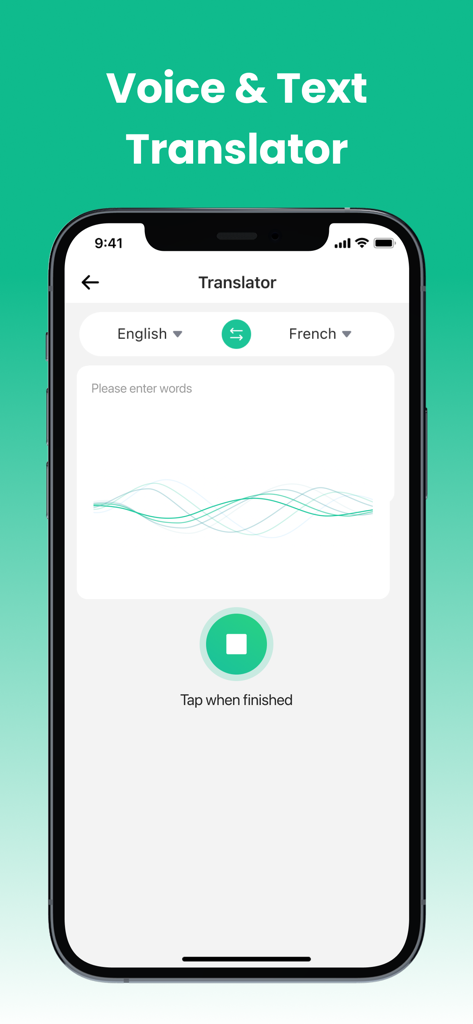 Interface de tradução de voz e texto do aplicativo Quick Translator mostrando o modo de tradução de inglês para francês