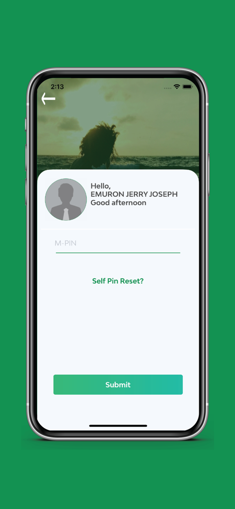 Login screen of the BOA Mobile Wallet app showing an M-PIN entry field and a personalized greeting for the user.
