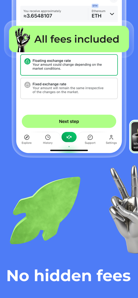 Changelly Exchange・Buy Crypto - Schermata dell'app mobile che mostra le opzioni di scambio di criptovalute con tassi fluttuanti e fissi e un messaggio che dice nessuna commissione nascosta