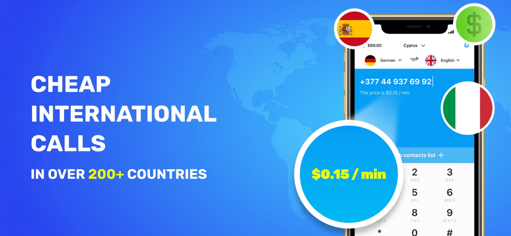 Werbegrafik für die Telefonanruf-Übersetzer App, die günstige internationale Anrufe in über 200 Ländern ab 15 Cent pro Minute bewirbt.