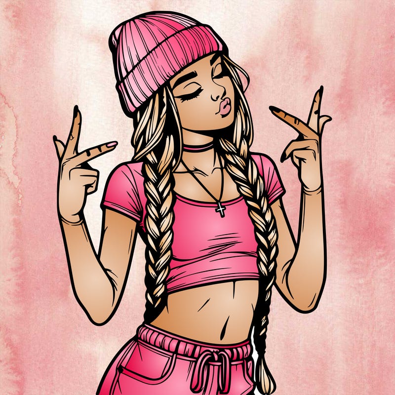realistic teenage girl with braids and a beanie and crop top doing 🫶🏼