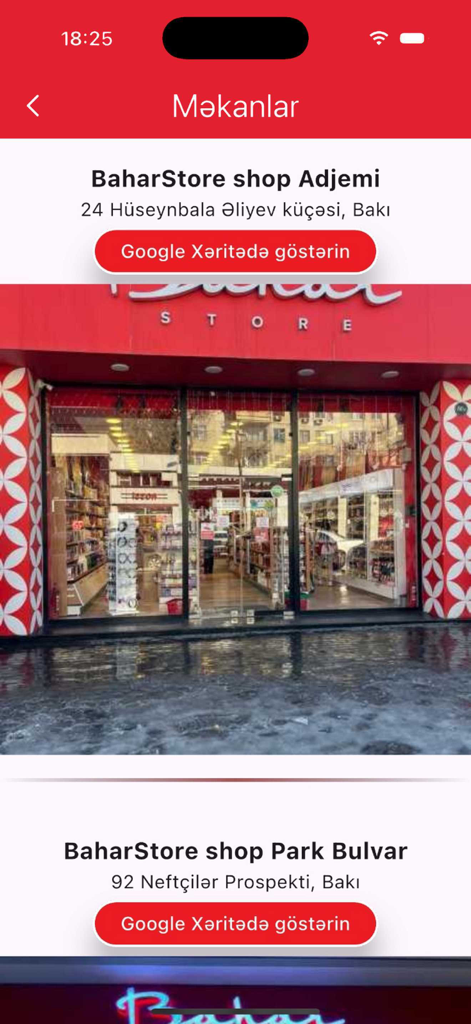 Bahar Store - Bahar Store app screen showing store locations and addresses.