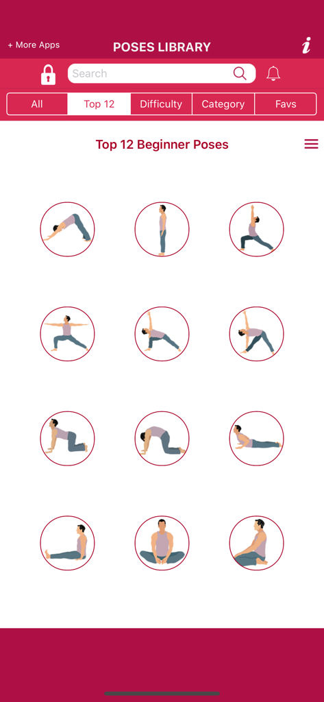 ヨガアプリのポーズライブラリスクリーン。12個の初心者向けイラスト入りポーズが表示されています。