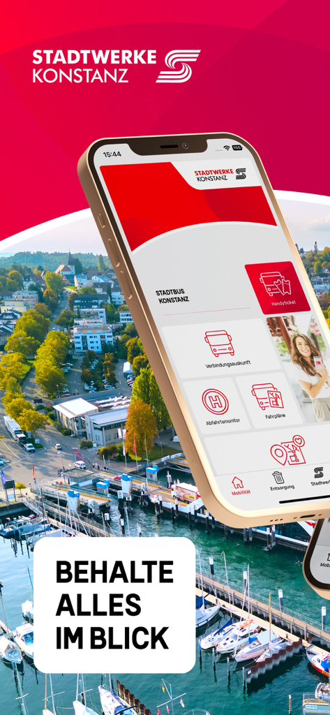 Mein Konstanz - Smartphone displaying Mein Konstanz app features like bus schedules and city tickets