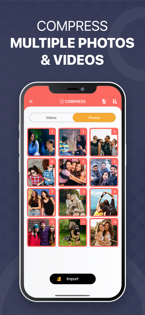 Video Compressor: Resize Image - A smartphone screen displaying the batch photo selection feature in the Video Compressor app.