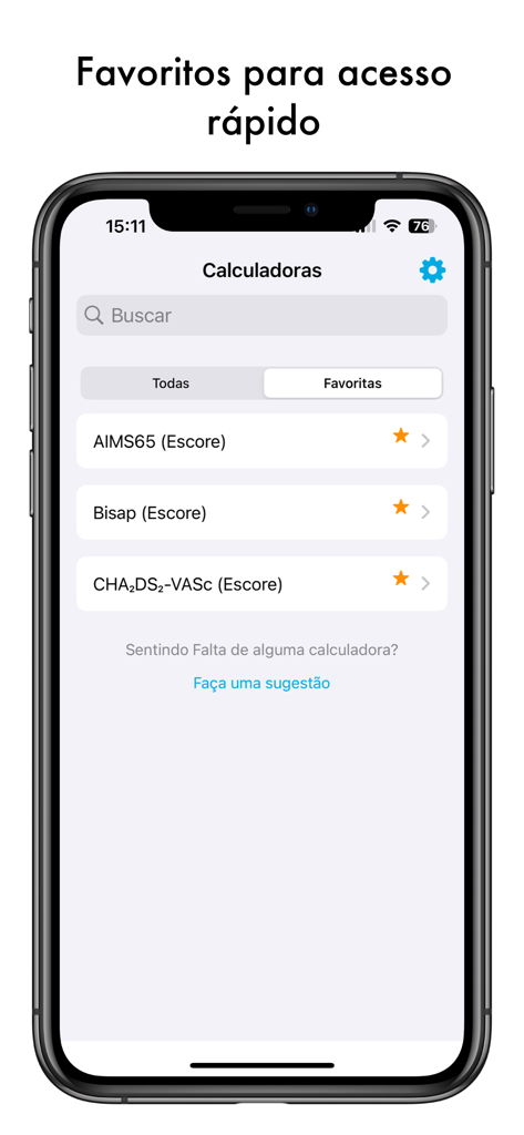 Screenshot of the Dr Calc app showing the favorites menu with medical calculators like AIMS65 and Bisap