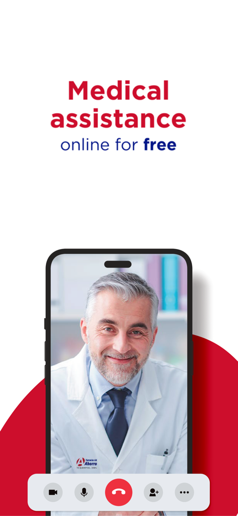 Smartphone screen showing a free online medical assistance video call with a doctor