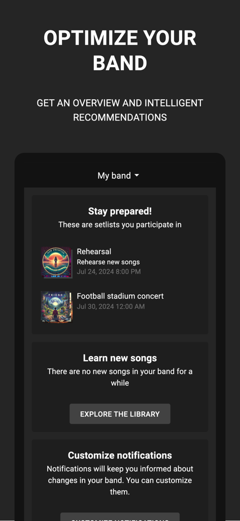 Bandfix: Songbook & Setlists - Bandfix app band management dashboard showing setlists and song recommendations