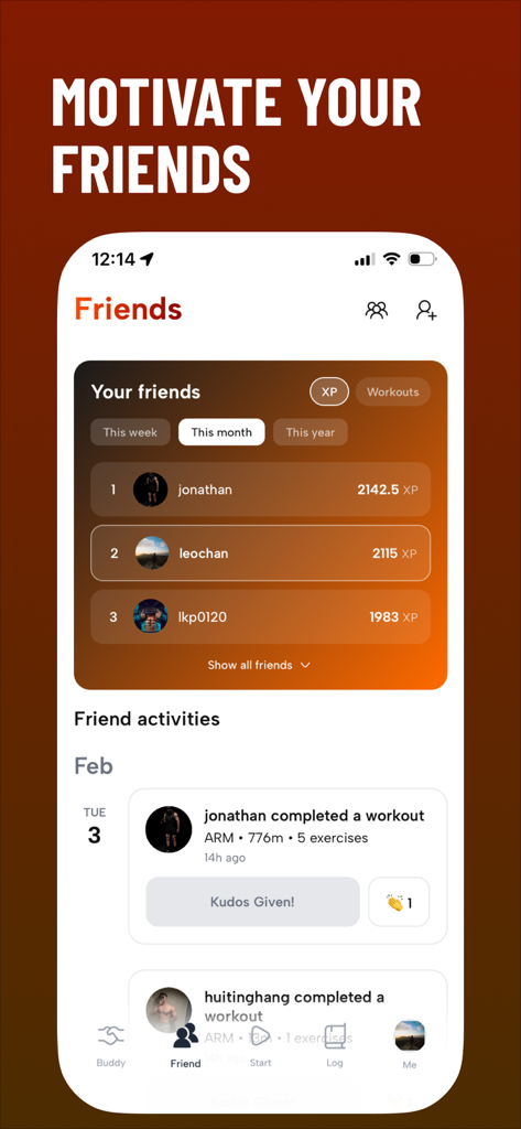 GymRat app interface showing a friend leaderboard ranked by XP and a social feed of workout activities with kudos