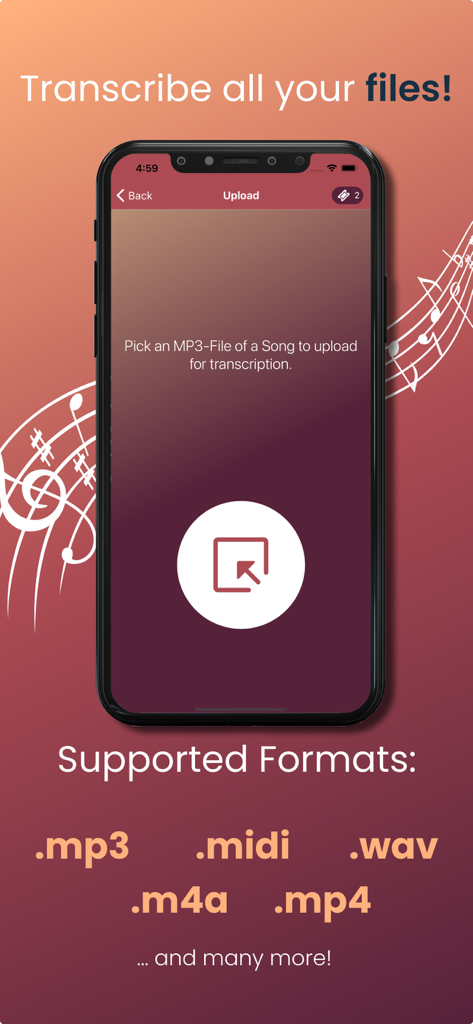 Sing2Notes - Upload screen of Sing2Notes app displaying supported audio formats for transcription like MP3 and MIDI