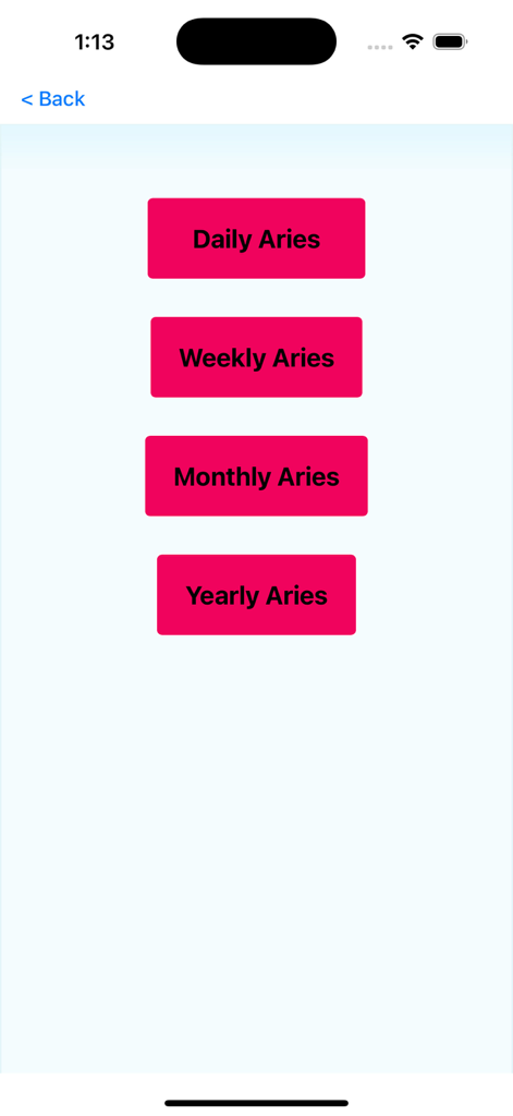 A menu screen in the Terry Nazon astrology app showing four pink buttons for Daily Weekly Monthly and Yearly Aries horoscopes