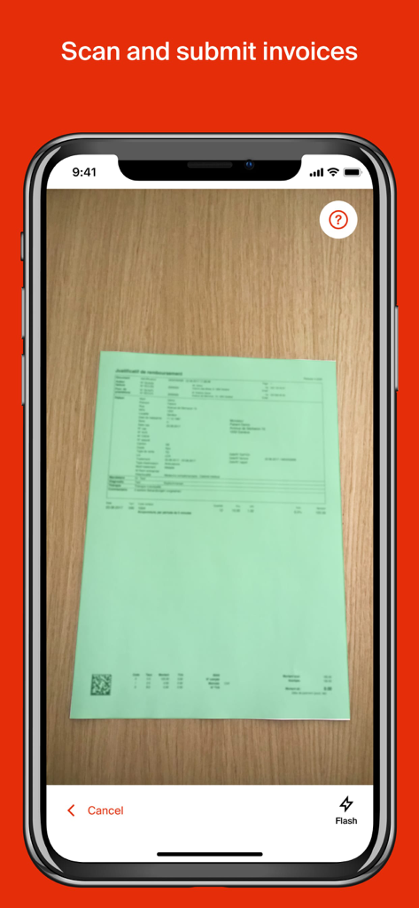 Assura - A mobile screen showing the Assura app interface scanning a green medical invoice document on a wooden surface.