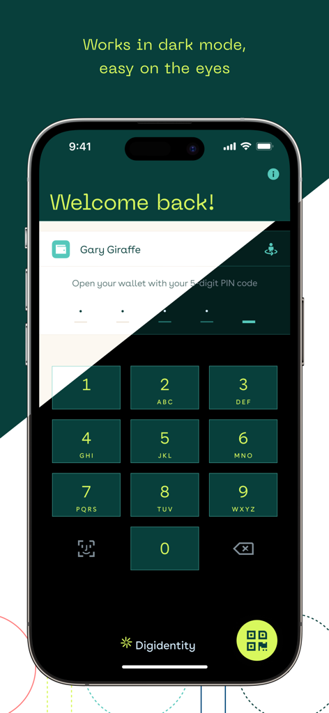 Digidentity Wallet - Digidentity Wallet secure login screen featuring a numeric PIN keypad and biometric authentication option in dark mode.