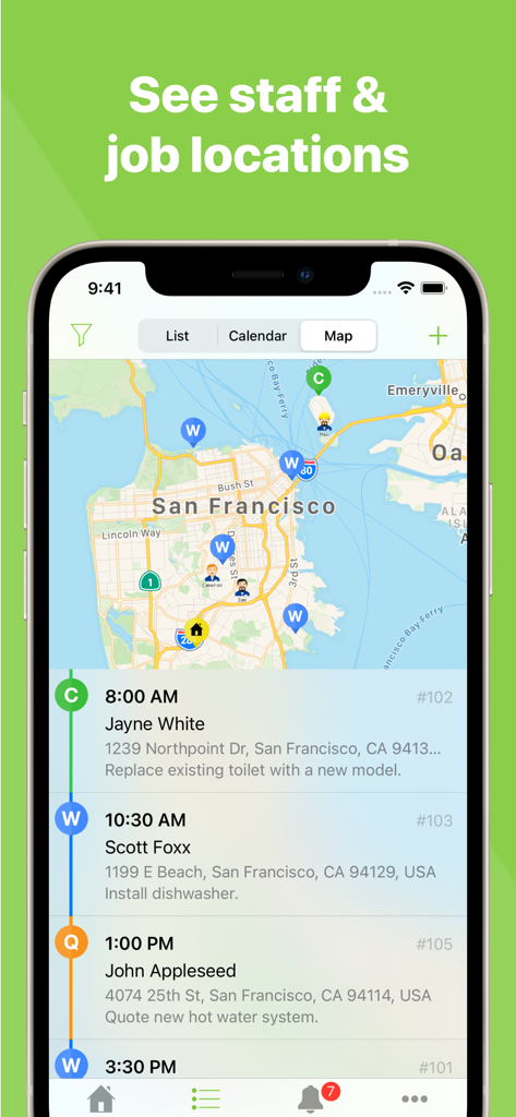 ServiceM8 - Field Service App - ServiceM8 app screen showing a map view with real-time staff locations and a list of scheduled trade jobs