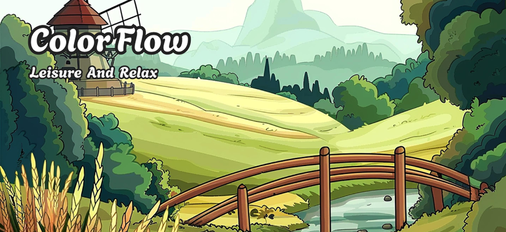 Una ilustración de paisaje pacífico de la app Color Flow con un molino de viento, puente de madera y colinas verdes con el texto Ocio y Relax.