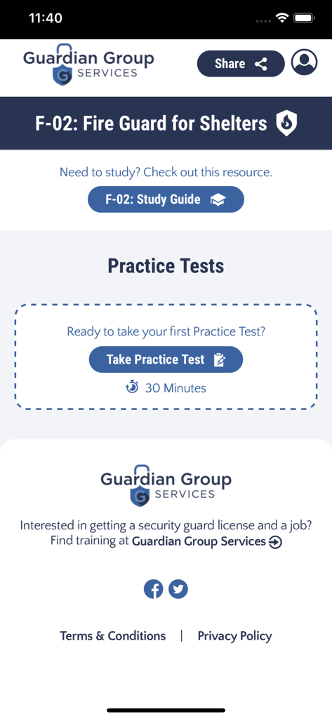 Home screen of the Fire Guard for Shelters F-02 app featuring links to study guides and practice tests