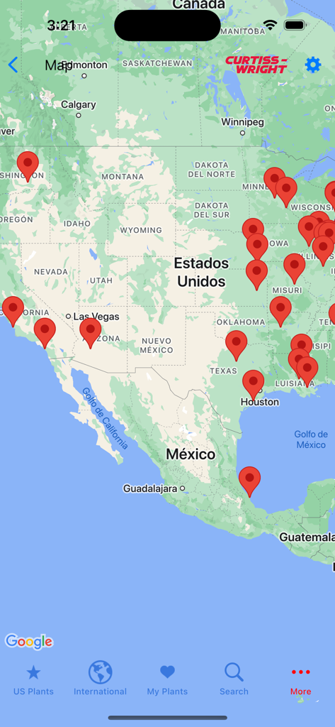 CW Nuclear - A map showing various nuclear power plant locations across North America in the CW Nuclear app