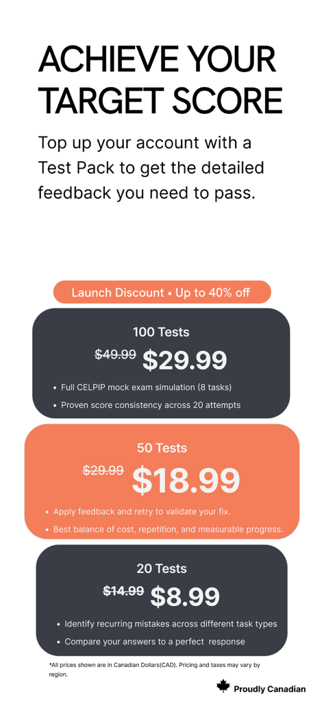 CELPIP Speaking Practice - Vue détaillée des packs de tests à prix réduit et des prix de l'application de pratique de l'expression orale CELPIP.