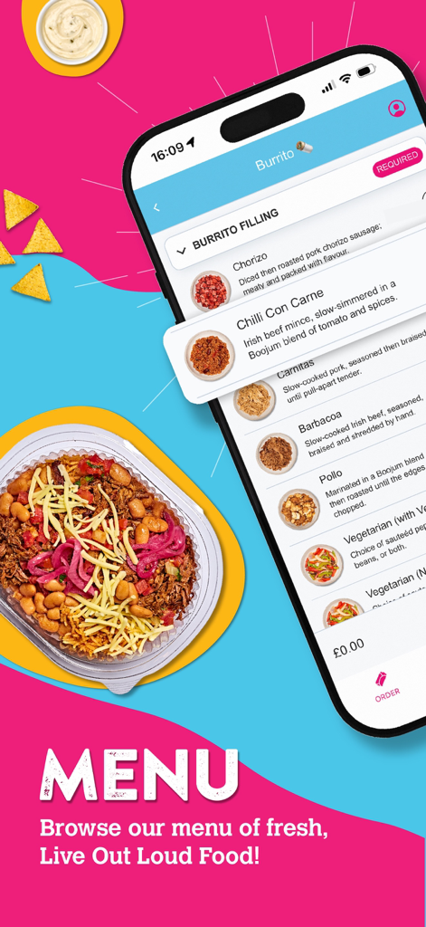 Boojum - Boojum app interface showing burrito filling options and a Mexican food bowl