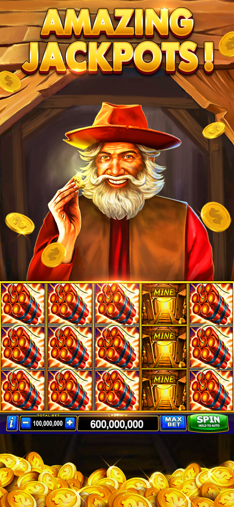 Superb Casino - Superb Casino slot machine game featuring a gold miner character and a large coin jackpot