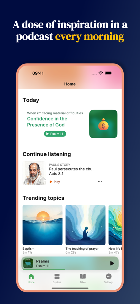 Startbildschirm der Audibible-App mit täglichen spirituellen Podcasts und Bibelgeschichten.