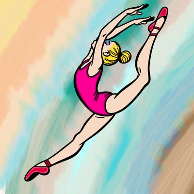 gymnast doing a leap in a leotard with a bent back leg
