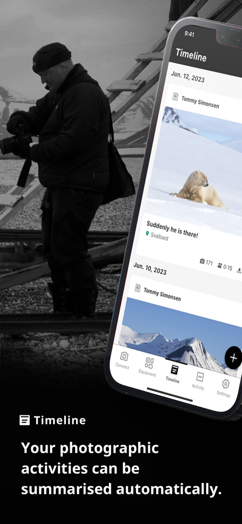 FUJIFILM XApp - Smartphone screen showing the FUJIFILM XApp timeline feature summarizing daily shooting activities
