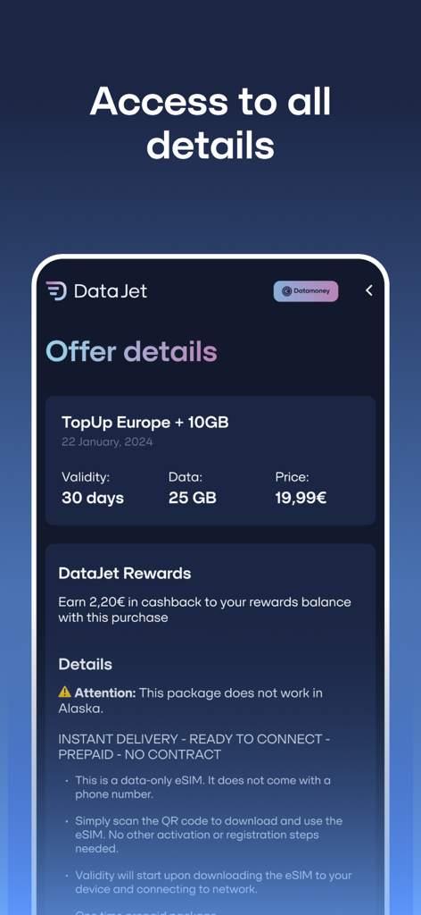 DataJet eSIM Travel & Internet - DataJetアプリ画面。25GBのヨーロッパ旅行eSIMデータプランの詳細オファーを表示。