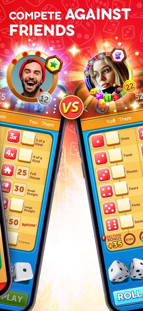 Two players competing in a mobile Yahtzee game with friends