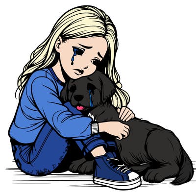 realistic girl crying with a realistic dog laying on her lap