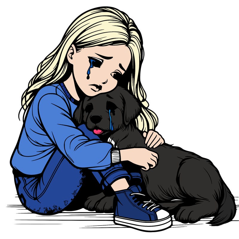 realistic girl crying with a realistic dog laying on her lap