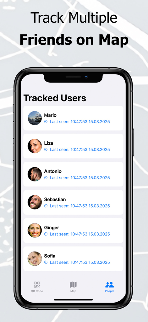 Tracker - Share My Location - Mobile app interface displaying a list of tracked users with their names and last seen timestamps