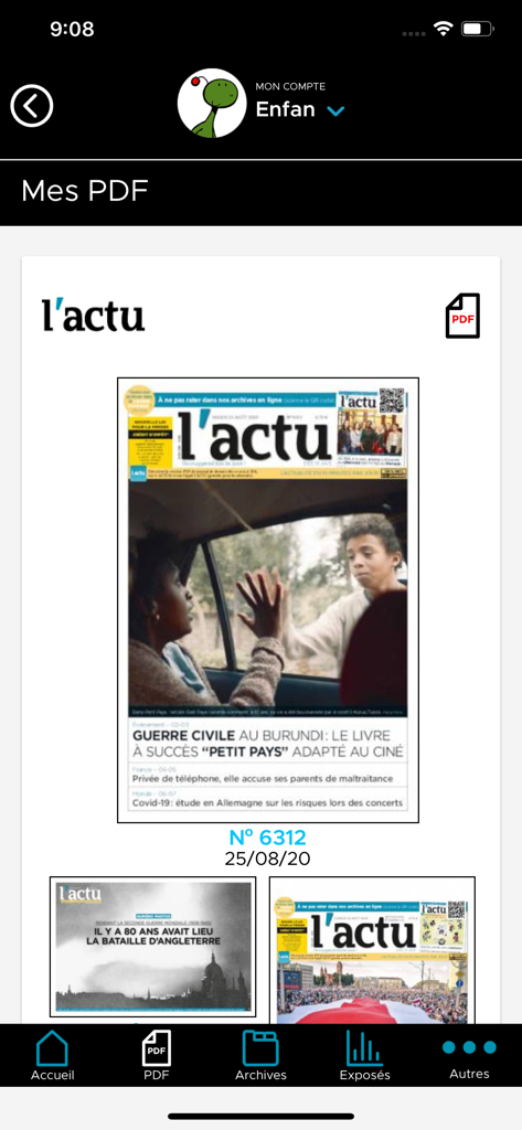L ACTU app Mes PDF screen displaying digital newspaper archives and daily editions