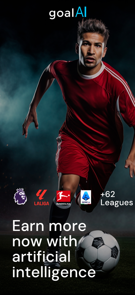 Soccer Betting Tips - goalAI - GoalAI soccer betting app promotional screen showing a soccer player and major league logos