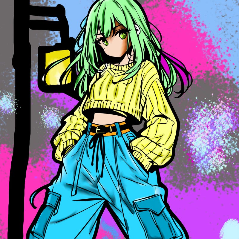 anime teen girl with baggy pants and crop top with sweater