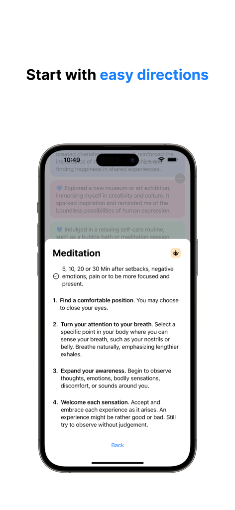 Diary+: Gratitude, Mindfulness - Diary plusアプリで簡単な4ステップの瞑想手順を表示するモバイル画面
