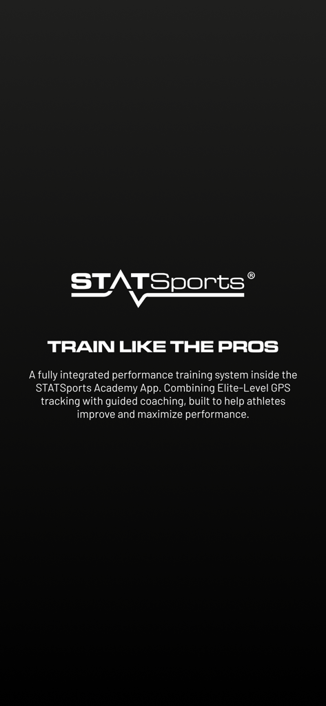 STATSports app screen displaying the tagline Train Like The Pros and performance tracking details