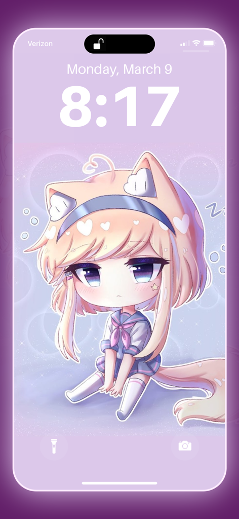 Gacha life HD wallpaper maker - An iPhone lock screen featuring a cute Gacha Life chibi character with cat ears on a pastel purple background.