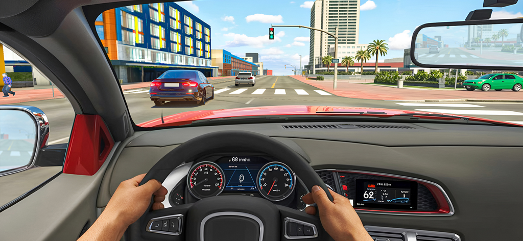 Urban Street Car Driver - First person interior view of driving a car through an urban city in the game Urban Street Car Driver